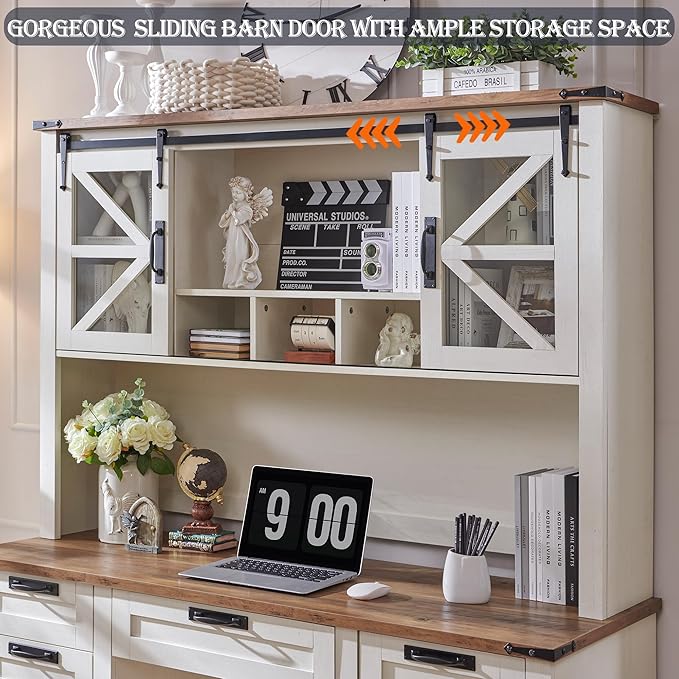 RedLemon 42 Farmhouse Desk Hutch with Sliding Barn Door and Ample Storage/Display Space Only Match Farmhouse Desk (Antique White)
