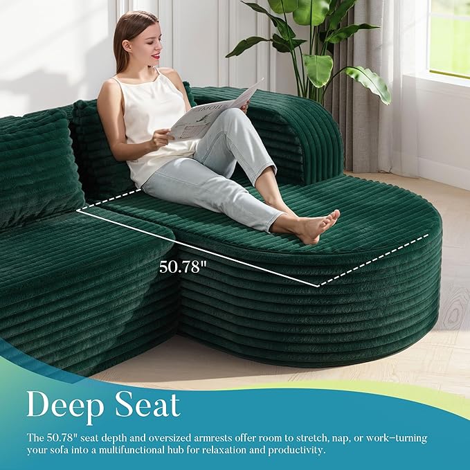 Hobestluk 96 Cloud Sectional Couch Modern Boneless Couch 3 Seater with Oversized Chaise L Shaped Modular Sofa Couches for Living Room Apartment No Assembly Required (Stripe GreenRight Facing Chaise)
