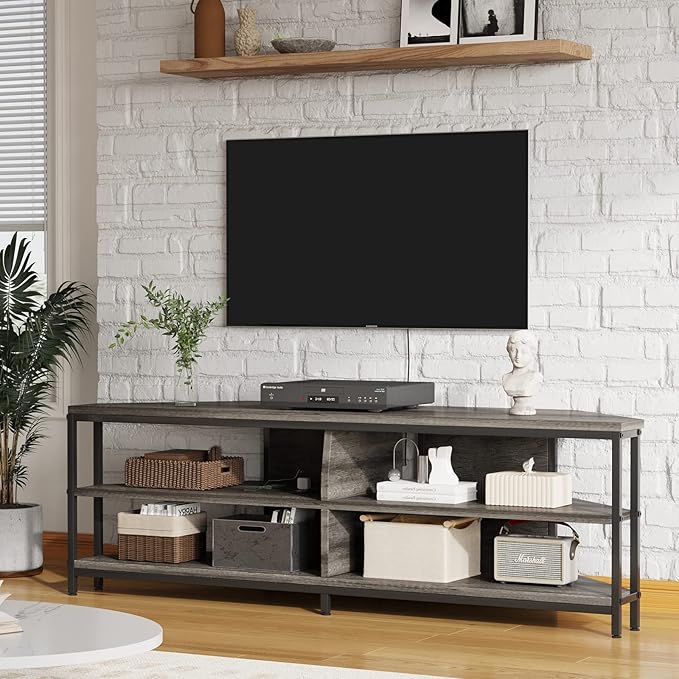 MUTUN Corner TV Stand with Power Outlet Corner TV Stand for 32 43 50 55 60 Inch TV Corner Entertainment Center Industrial TV Console Table for Living Room Bedroom 55 Inch Grey Oak