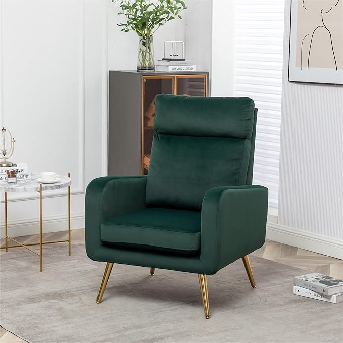 Velvet Accent Chair Modern Living Room Armchair Bedroom Dorm Reading Reception Room Comfort Upholstered Sofa Chair Gold Metal Legs Dark Green