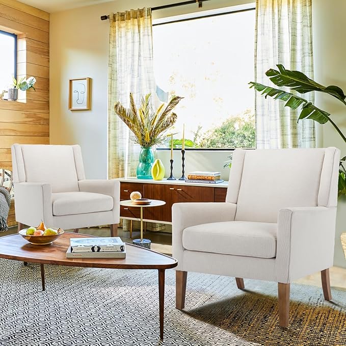 COLAMY Modern Wingback Living Room Chair Set of 2 Upholstered Fabric Accent Armchair Single Sofa Chair with Lounge Seat and Wood Legs for Bedroom/Office/Reading Spaces Beige