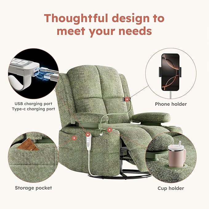 MAMAZING Triple Motor Power Swivel Rocker Recliner Chair with Adjustable Armrests for Adults FSC Certified Faux Leather Rocking Chair for Living Room Green
