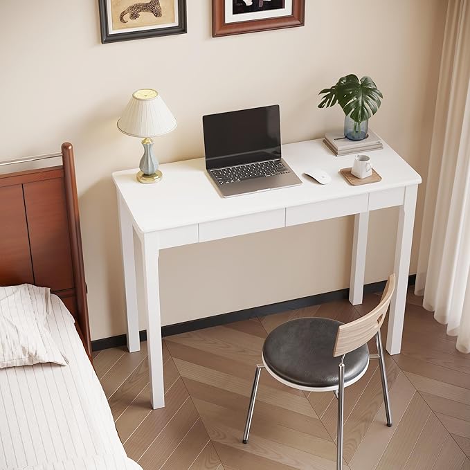 Wood Desk with Drawers - Solid Wood Mid Century Modern Desks for Bedroom Small Computer Desk for PC Laptop Study Makeup 39.4 W x 29.5 H x 15.75 D in White