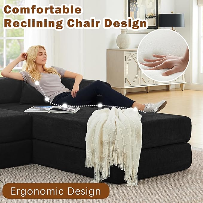 108 W Corduroy Modular Cloud Couch with Fixed-Shape Frame Oversized L-Shaped Sectional Sleeper Sofa Bed with Pull Out Bed No Assembly Modern Floor Boneless Couch for Living Room (Black)