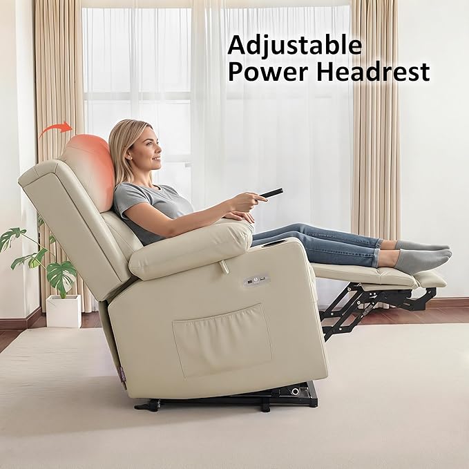 MCombo Lay Flat Triple Motor Power Lift Recliner Chair with Massage and Heat Electric Recliner Chair for Elderly People Adjustable Headrest Infinite Position Faux Leather 7661 (Beige Medium)