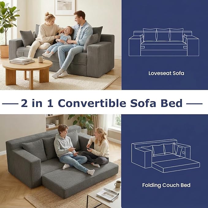 Boneless Couch for Living Room 3 Seater Convertible Futon Sofa Bed Comfy Pull Out Couch with 5 Pillows &amp Detachable Washable Cover Upholstered Floor Sofa in A Box No Assembly Required Grey