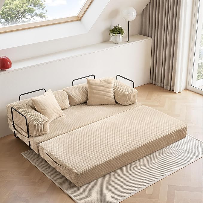 4-in-1 Folding Convertible Sofa Bed 81 Boneless Couch with Pillow Back Support Armrest Corduroy Loveseat Sleeper Compression Couch Floor Sofas Futon for Living RoomBeige