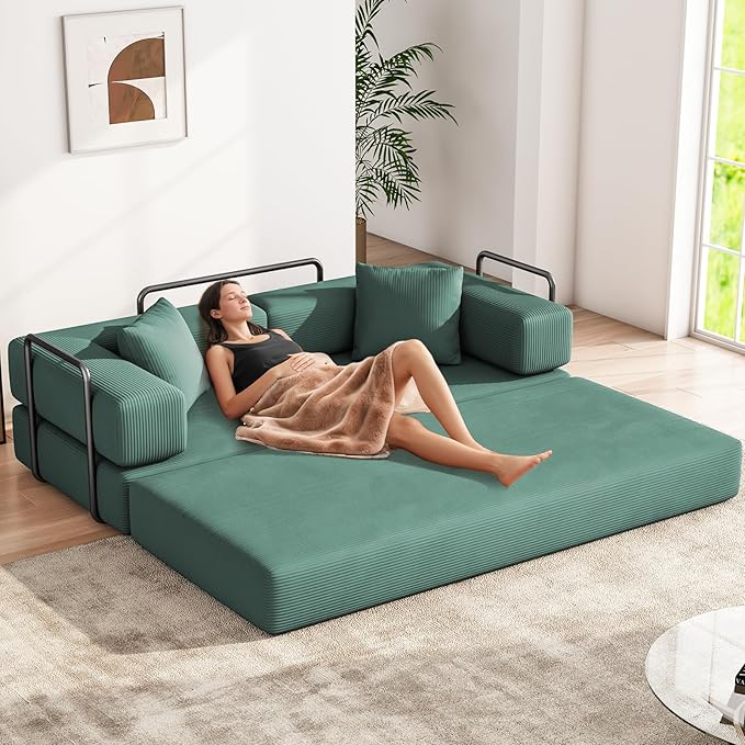 ARSURA 82” Teddy Couch Bed | Boneless Couch Bed for Living Room | Folding Sleeper Sofa Bed | Corduroy Green