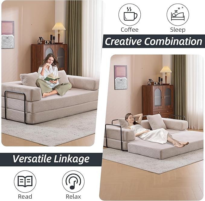Convertible Folding Sleeper Sofa Bed Corduroy Floor Sofa Fold Out Couch with Pillows King Size Bed Futon Couch Foldable Memory Foam Mattress for Living Room Bedroom Playroom