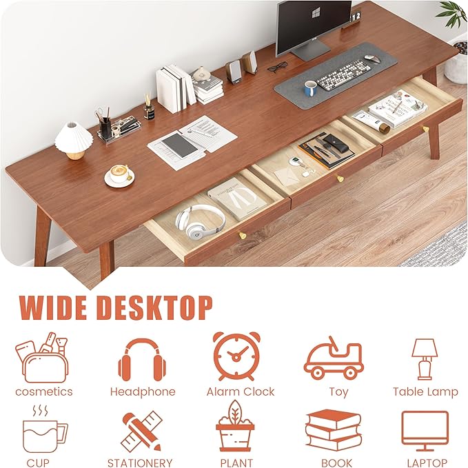 Long Solid Wood Desk with Drawers - 70.9” Mid Century Modern Executive Desk for Two People Home Office Computer Desks Vintage Writing Study Table for Any Room - 2 Person Desks -Walnut