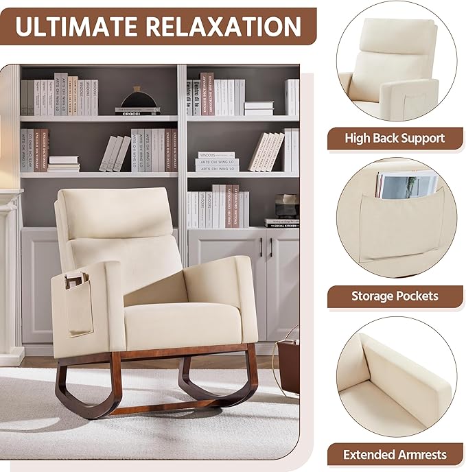 Yaheetech Rocking Living Room Chair Upholstered Glider Chair with Side Pocket Modern Accent Chair with High Back Comfy Armchair for Living Room Bedroom Lounge Nursery Beige