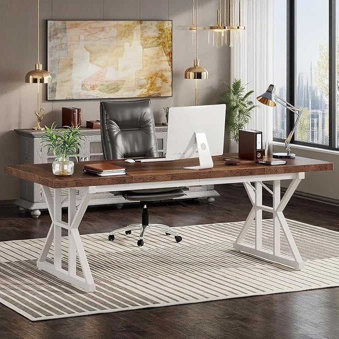 70.8 Modern Executive Computer Desk Wide Writing Desk for Home Office Minimalist Style Workstation Large Study Desk for Bedroom or Workspace White