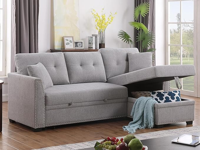 BEEY Convertible Sleeper Sofa Bed 82 Small Sectional Sofa with Storage Chaise for Small Spaces L Shaped Couch with Pull Out Bed for Bedroom Living Room (Light_Grey)