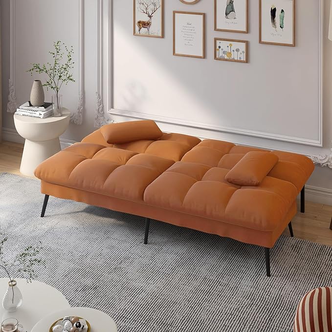 COMHOMA Convertible Sofa Bed68″Fabric Couch with Adjustable BackrestLoveseat Recliner Sleeper Living Room Furniture futon SetOrange