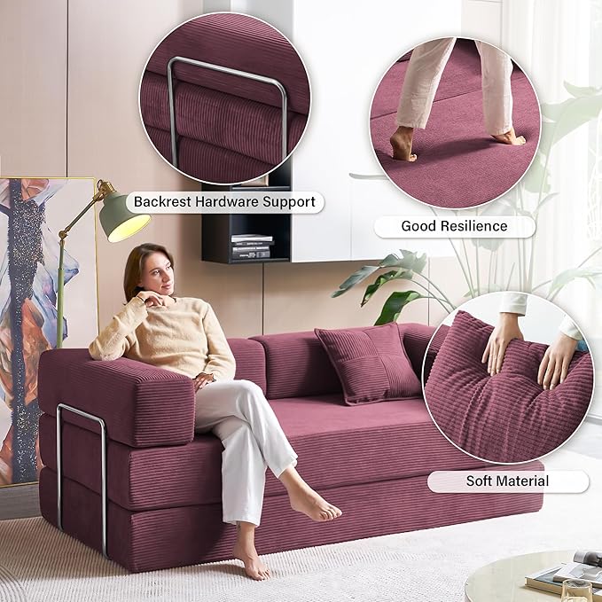 Compression Sofa - 78''Convertible Floor Sofa Bed - with Pillow Back Support Armrest - Comfy Foldable Sofa Bed Compressed Sofa in Box - Corduroy Fabric - for Living Room Bedroom - Burgundy