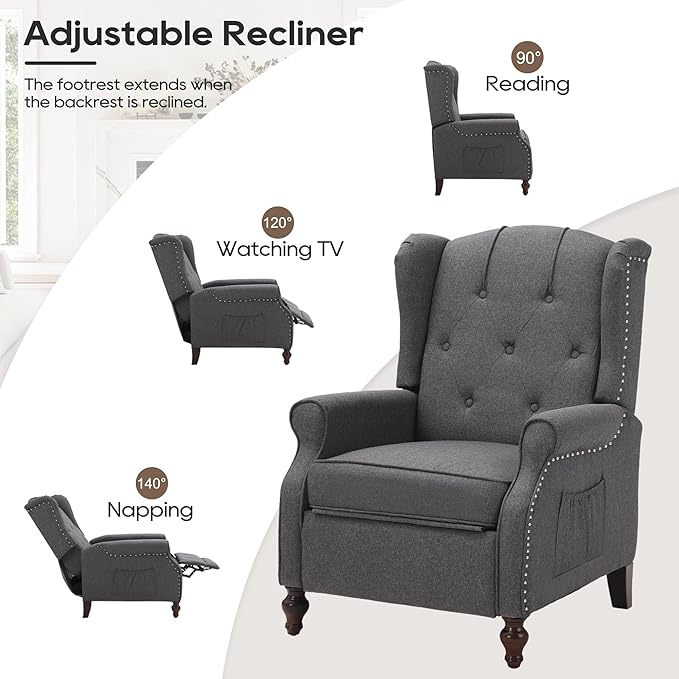 Wingback Recliner Chair with Massage and Heat Tufted Fabric Push Back Recliner Chair for Living Room Vintage Wingback Chair with Remote Control Padded Cushion Backrest Wooden Legs