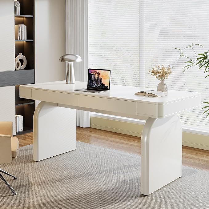 Tribesigns White Desk with Drawers 63-Inch Modern Executive Office Desk Glossy Elegant Work Study Desk Writing Table for Home Office Cream White