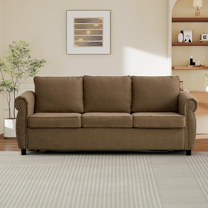 Queen Pull Out Sofa Bed 2-In-1 Pull Out Couch Bed with Memory Foam Mattress &amp Riveted Rolled Armrests 3 Seater Convertible Sleeper Sofa Foldable Couch for Living Room Bedroom Apartment(Brown)
