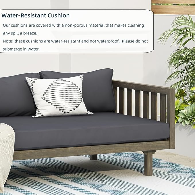 Merax Solid Acacia Wood Couch Chaise Lounge Chair Indoor 3 Seater Daybed Sofa Couches with Cushions &amp Pillow Heavy Frame Day Bed for Living Room Office Outdoor Balcony Patio Water Resistant