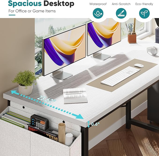 OLIXIS Computer Desk 63 Inch Home Office Desks for Small Spaces Gaming Writing Study Work Table with Storage Bag and Headphone Hook for Bedroom White