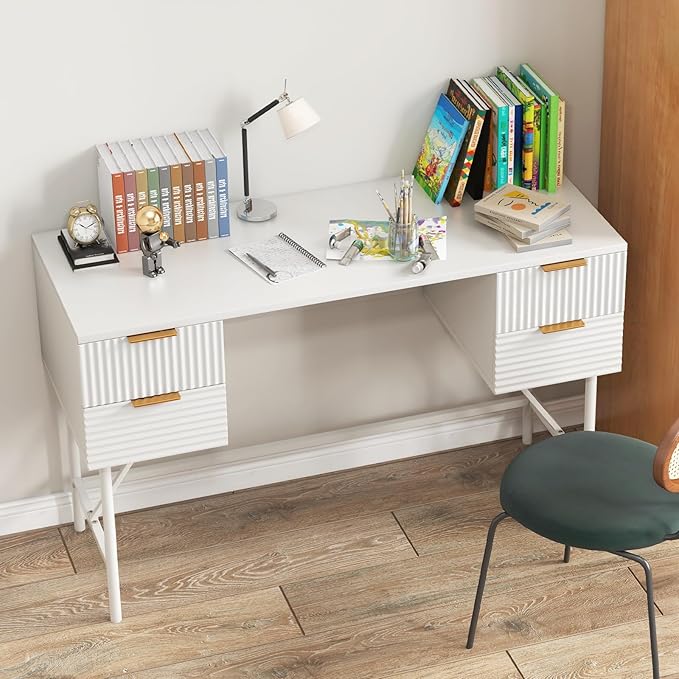 Tangkula White Desk with 4 Drawers 48 Inch Home Office Desk with Storage Modern Computer Desk Study Writing Desk with Metal Frame for Bedroom Study Office