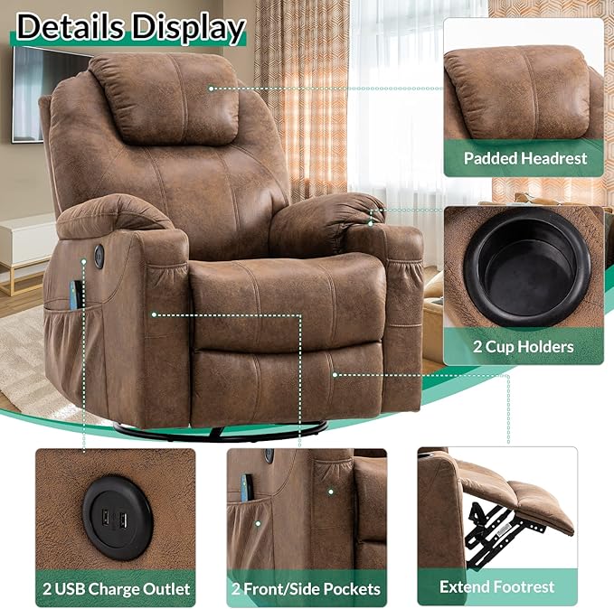 VIVIJASON Manual Massage Rocker Recliner Chair 360° Swivel Glider Lounge Chair with Heat Ergonomic Home Theater Recliner Sofa with 2 Cup Holders Side Pockets &amp USB Ports for Living Room Brown