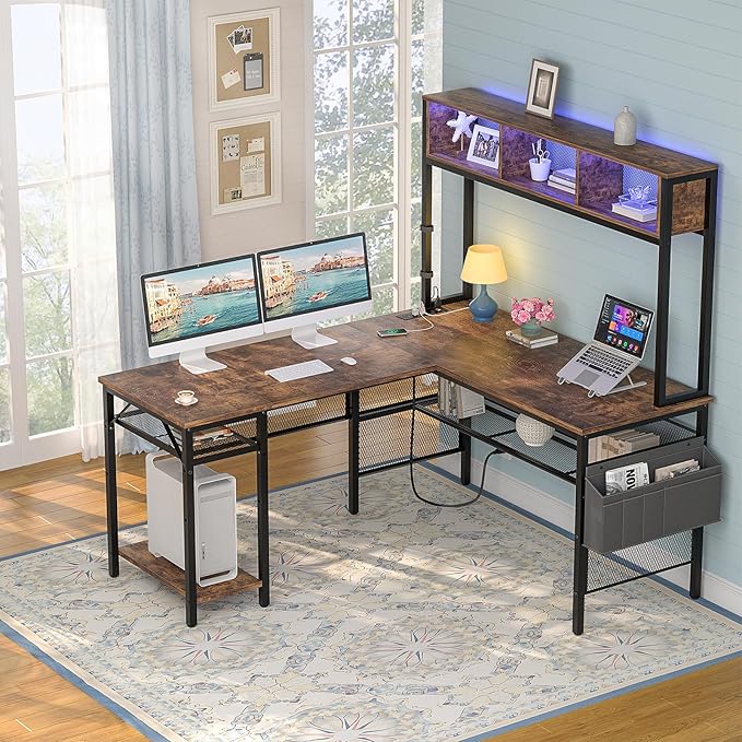 Aheaplus L Shaped Gaming Desk with LED Lights &amp Power Outlets 55 Inch L-Shaped Computer Desk with Storage Shelf &amp Monitor Stand Corner Desks 2 Person Reversible Desk Home Office Desk Rustic