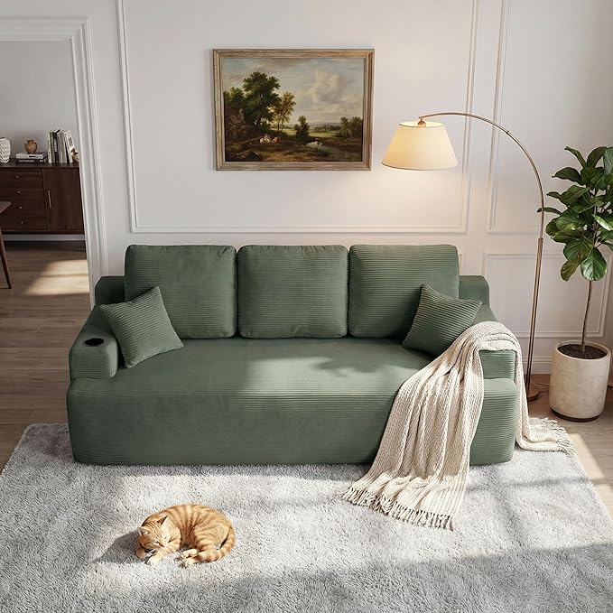 87 Modern 3-Seater loveseat Sofa Comfy Deep Seat Boneless Couch with Plush Corduroy Fabric Built-in Cup Holders &amp Side Storage Pockets for Living Room Bedroom and Apartment