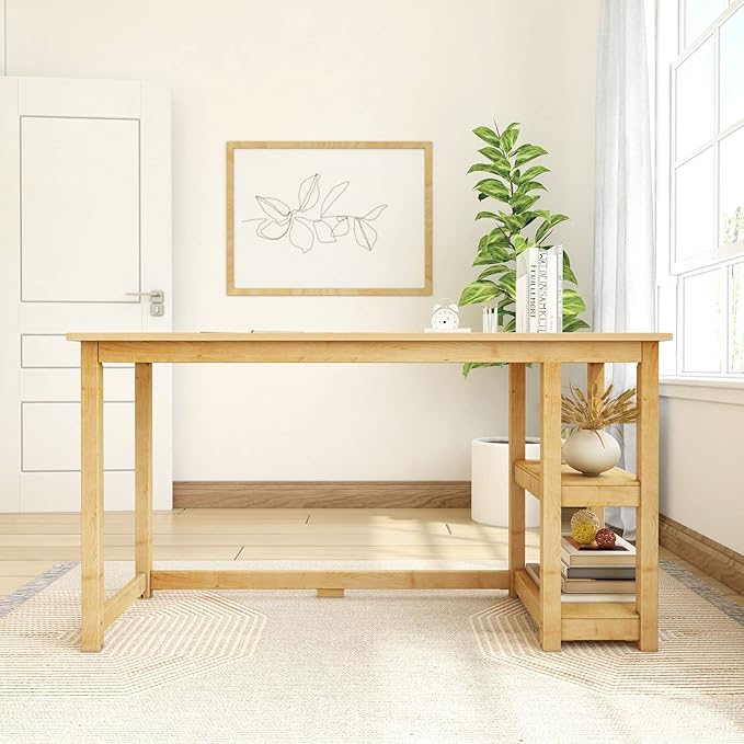 Plank+Beam Computer Desk with Shelves Simple Desk for Bedroom Home Office Study Desk 55.25 Inch Natural