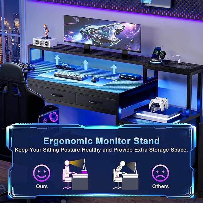 REAHOME 61 Inch Gaming Desk with Charging Station and LED Lights Reversible Computer Desk with Storage Drawer and Monitor Stand Modern Desk Table with File Cabinet &amp Side Pocket Carbon Fiber Bl