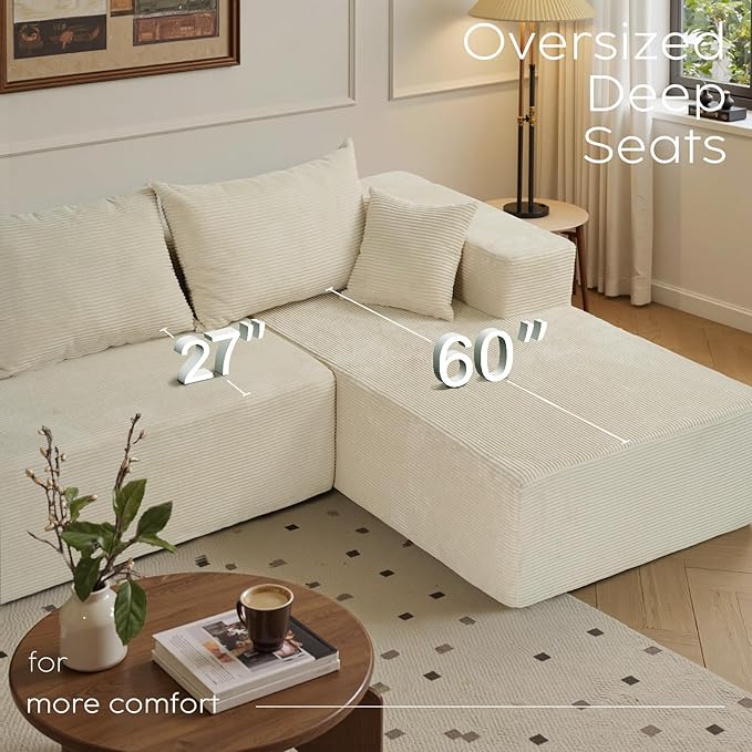 103 L Shaped Sectional Boneless Couch for Living Room Modern Modular Cloud Sofa with Right Facing Chaise Comfy Deep Seat Memory Foam Couch in Box No Assembly (1CM Wide Striped Corduroy Beige)