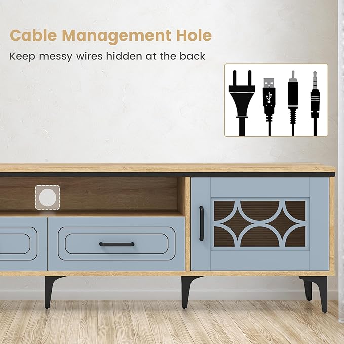 Tangkula Farmhouse TV Stand for TVs up to 80” 71” Entertainment Center with 2 Drawers 2 Cabinets &amp Compartment with 7 Raised Metal Legs Wood Media TV Console Table for Living Room (Bluish Gray