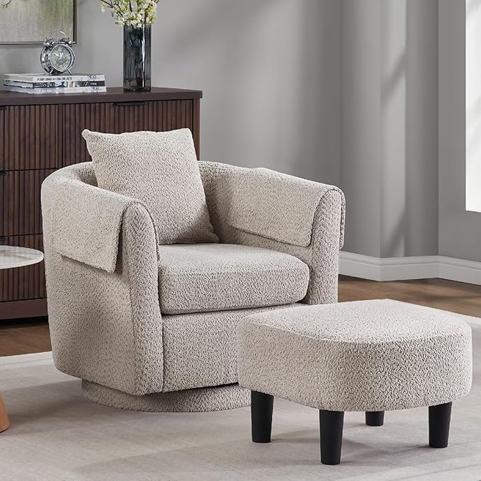Gray Swivel Accent Chair with Ottoman 360° Barrel Chairs with Foot Stool Comfy Reading Chair with Removable Pillow &amp 2 Armrest Covers for Living Room Small Spaces Bedroom Chenille (Gray)