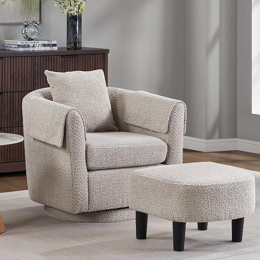 Gray Swivel Accent Chair with Ottoman 360° Barrel Chairs with Foot Stool Comfy Reading Chair with Removable Pillow &amp 2 Armrest Covers for Living Room Small Spaces Bedroom Chenille (Gray)