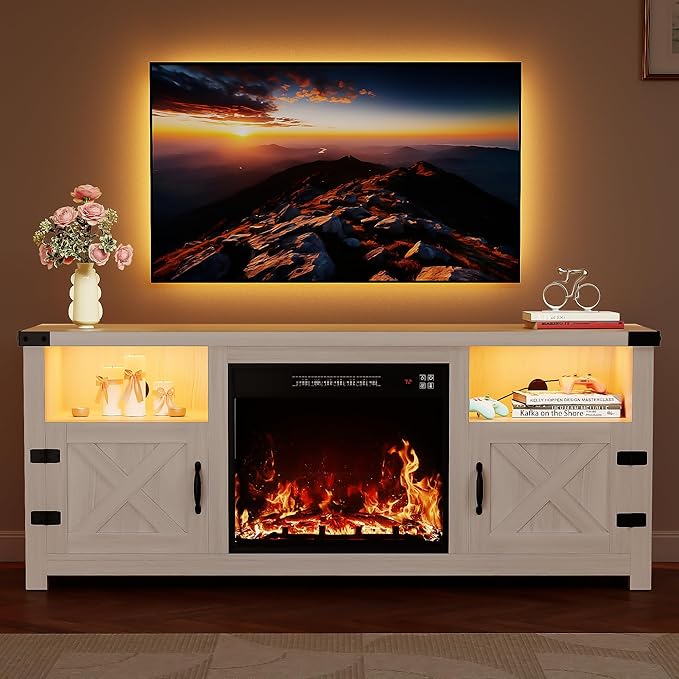YESHOMY LED Fireplace TV Stand with Mood Lighting TV Cabinet with Open Shelf Farmhouse Media Console with Hidden Cable Routing Entertainment Center for Televisions up to 65+ Inch White