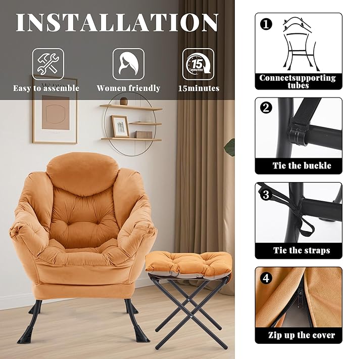 Lazy Chair with Ottoman Comfy Accent Lounge Chair with Side Pocket Modern Reading Armchair with Footrest Upholstered Sofa Chair for Small Spaces Bedroom Living Room Dorm Burnt Orange