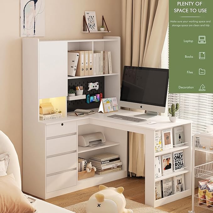 Modern L-Shaped Corner Desk with Hutch Power Outlet LED Light White Large (46.06 D x 55.9 W x 62.79 H) Home Office Gaming