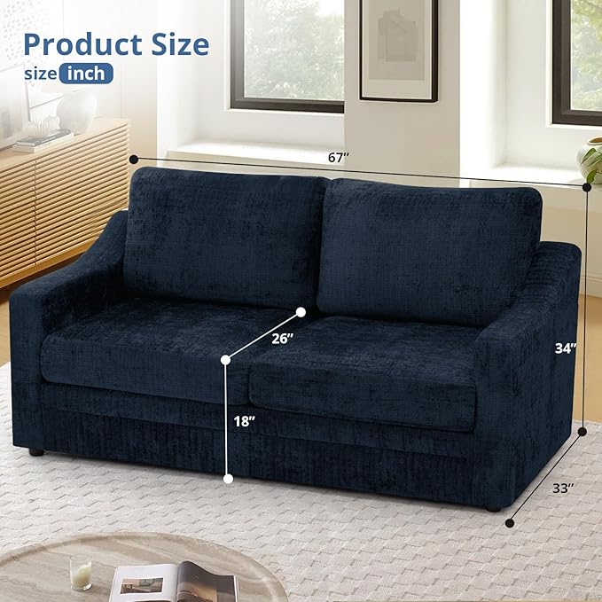 67” Chenille 2-Seat Sofa w/Comfortable Back Cushions Modern Love Seat w/Deep Seat Space Upholstered 2 Seater Couch w/High Resiliency Foam for Living Room Office Blue