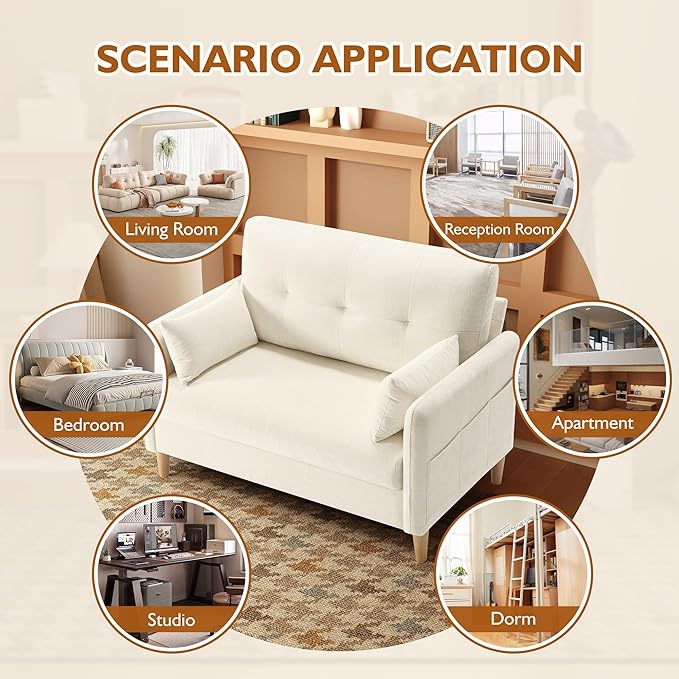 47 Small Sofa Couch Soft Chenille loveseat Mini Couch with Throw Pillow and Removable Cushion Cover for Small Spaces Bedroom Apartment Dorm Office Living Room(Beige)