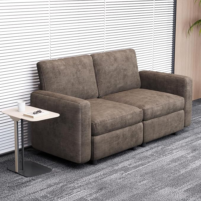 Modern Brown Modular Sofa with Deep Seating Soft Cushions Sectional Couch Available in Loveseat or Multi-Seat Options Minimalist Design for Office Living Room or Bedroom (Loveseat)