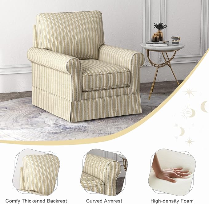 INZOY Swivel Accent Chair Linen Mid Century Modern Chair Comfy Swivel Barrel Reading Chair Upholstered Square Chair for Living Room Bedroom Small Spaces Fully Assembled Brown Stripe