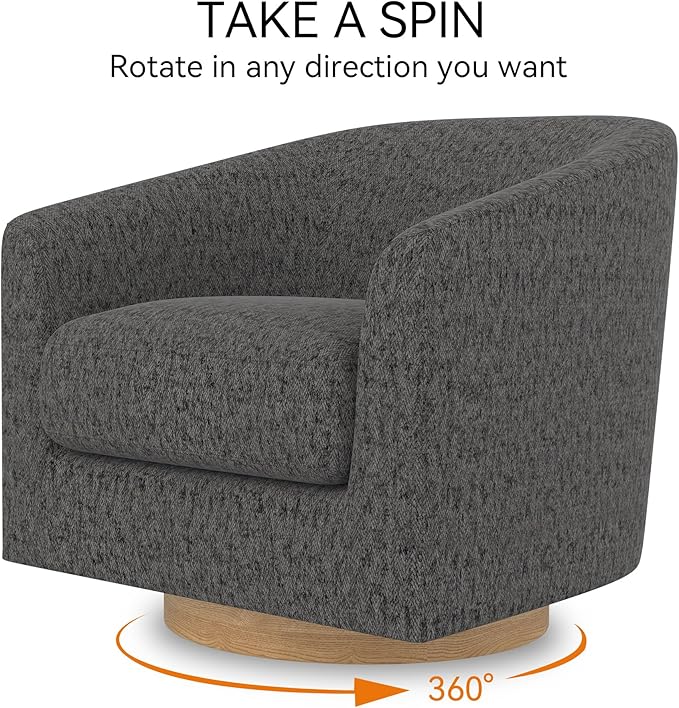 Swivel Accent Chair Upholstered Modern Barrel-Curved Arm Chair Velvet Fabric Comfty Sofa Reading Chair with Solid Wood Base for Living Room Bedroom Club Pebble Grey