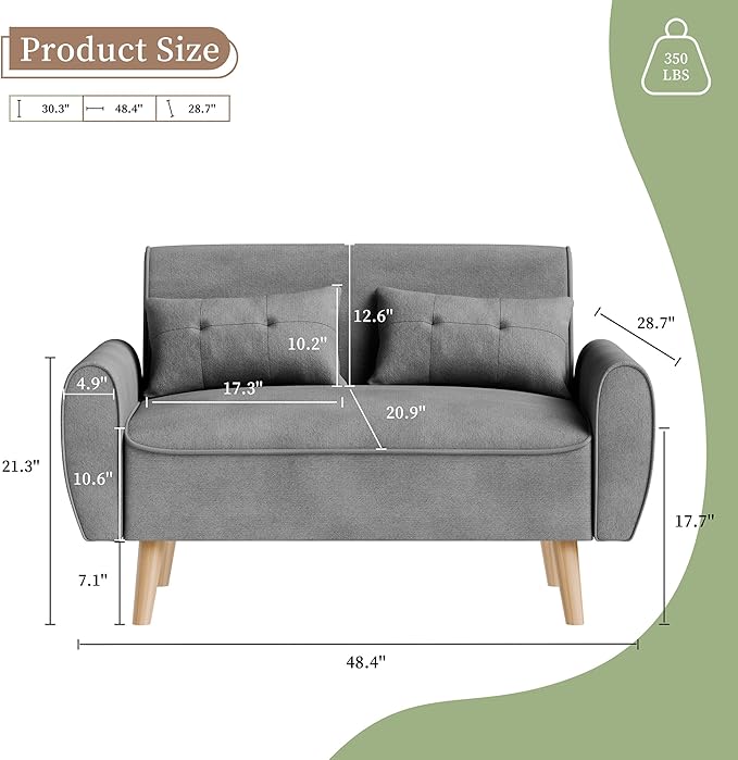 Vongrasig 47 Small Modern Loveseat Sofa Mid Century Linen Fabric 2-Seat Sofa Couch Tufted Love Seat with Back Cushions and Tapered Legs for Living Room Bedroom and Small Space (Light Gray)