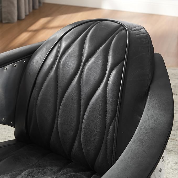 Zouron Vintage Leather Accent Chair Upholstered Living Room Chair with Aluminum Legs and Handcrafted Rivets Genuine Leather Single Sofa Chair Barrel Aviator Chair Black