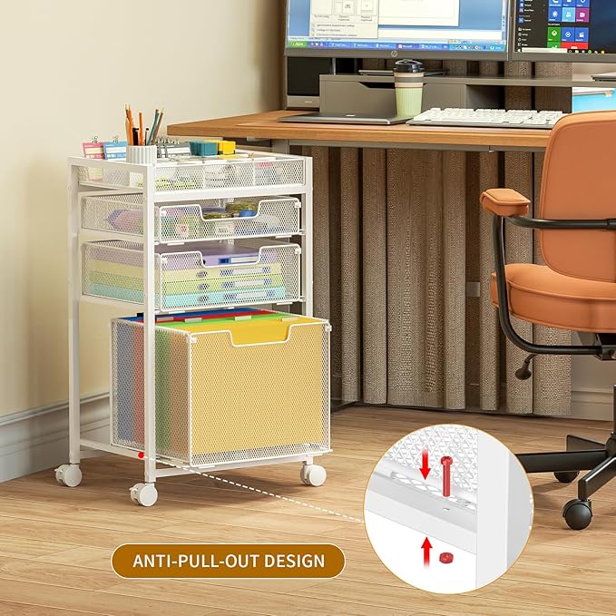 Rolling File Cart with 3 Storage Drawers Under Desk Filing Cabinet with DIY Divider Hanging File Folder Organizer on Wheels Fits A4/Letter Size Metal Utility Cart for Home Office White