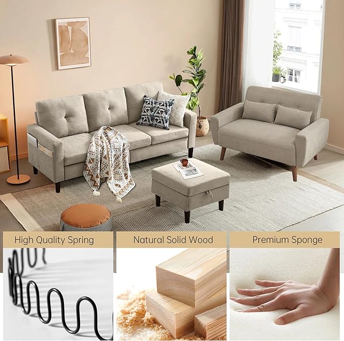 2 Piece Comfy Couch Set 3 Seater &amp 2-Seater Sofa and Loveseat Set with Ottoman Modern Sofa Sets for Living Room/Apartment/Office Beige