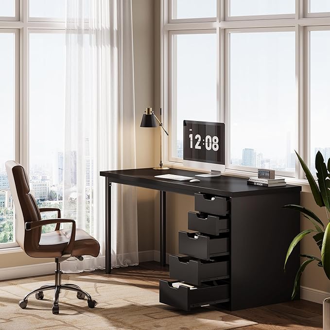 Tribesigns Modern Simple Computer Desk 47 Inches PC Desk with 5 Reversible Drawers Rustic Brown Study Writing Table Workstation for Home Office Small Spaces (Black)