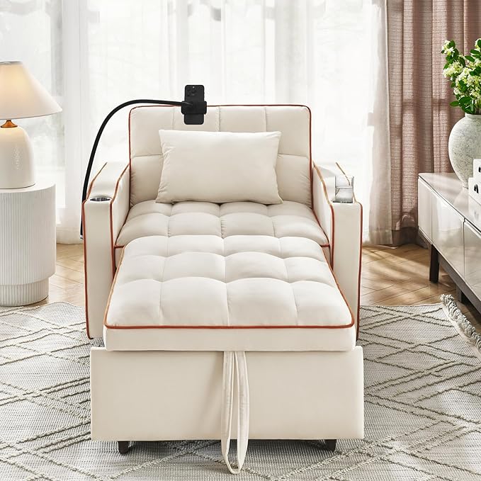 3 in 1 Convertible Sleeper Chair Bed with USB Ports Cup Holder and Phone Stand Velvet Pull Out Futon Sofa Beds Adjustable Backrest Single Sofa Chair for Small Spaces Living Room Office (Beige)