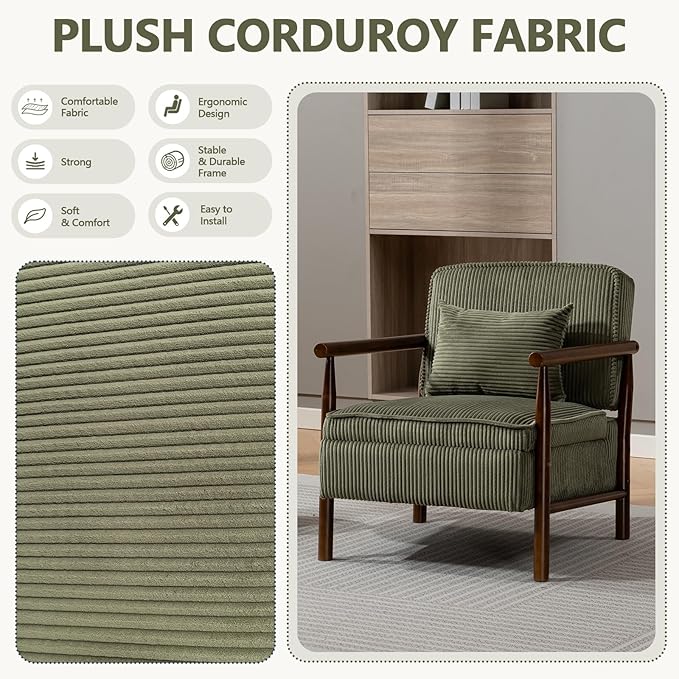Green Accent Chair with Storage 24 W Mid Century Modern Chair with Cushion Upholstered Corduroy Reading Chair with Wooden Legs Comfy Arm Chairs for Living Room Bedroom (Green)