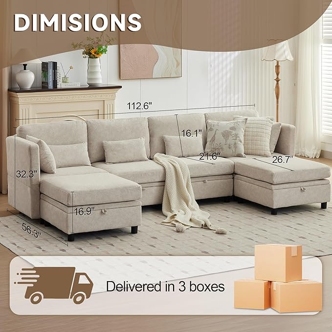 Sectional Modular Sofa with Storage Sectional U Shaped Couches for Living Room Cloud Convertible Sectional Sofa with Chaise 6-Seat Couch with Cushions Adjustable Backrest Khaki